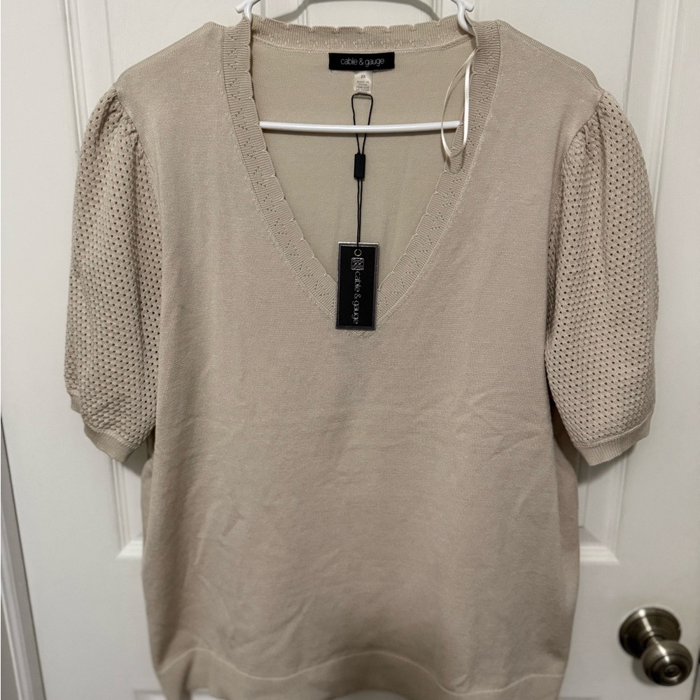 Cable & Gauge Sweater Sz 2X V-Neck Short Open Knit Sleeve Beige/Tan NEW